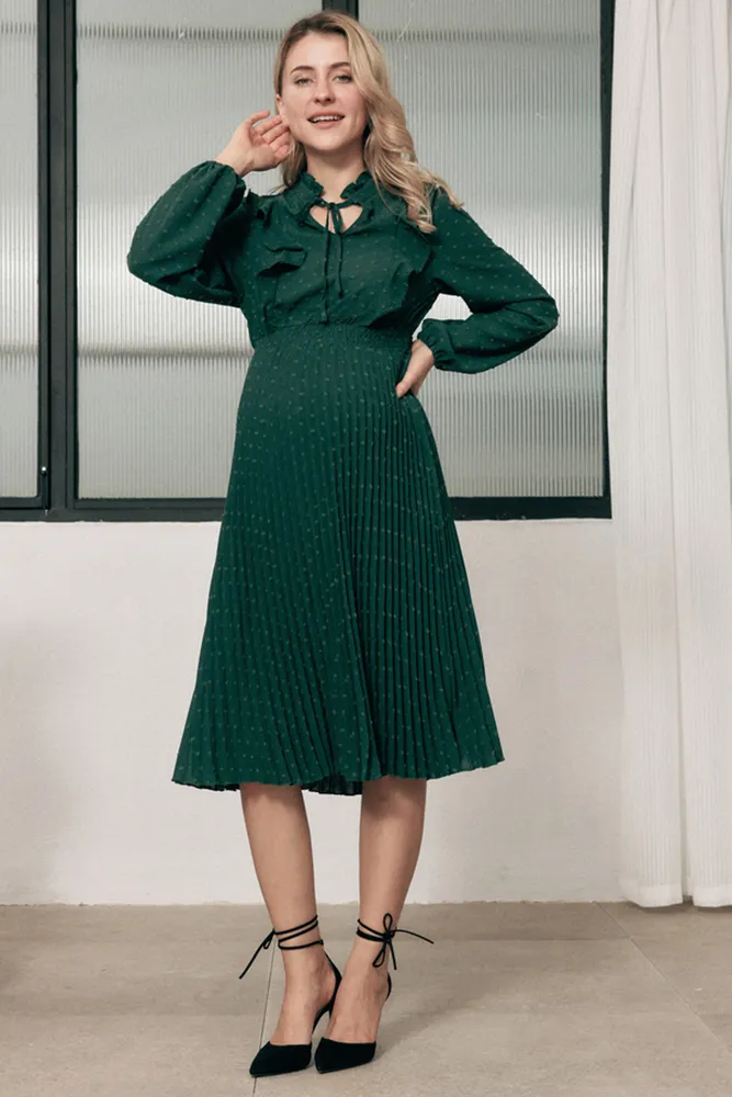 Maacie Maternity Swiss Dots Long Sleeve Elastic Waist Pleated Dress
