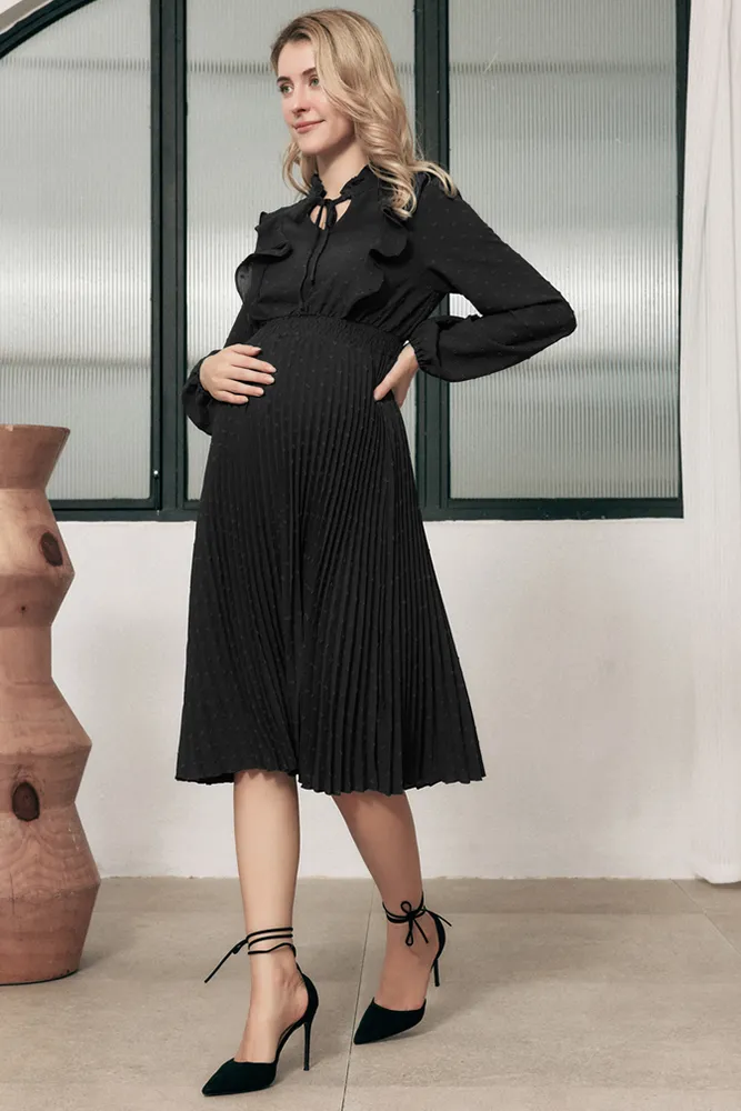 Maacie Maternity Swiss Dots Long Sleeve Elastic Waist Pleated Dress