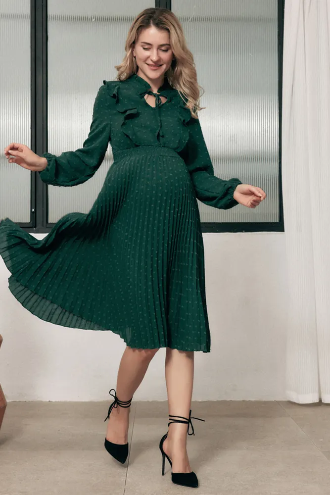 Maacie Maternity Swiss Dots Long Sleeve Elastic Waist Pleated Dress