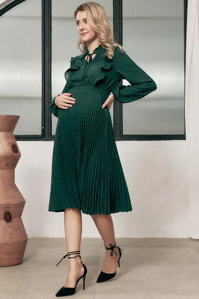 Maacie Maternity Swiss Dots Long Sleeve Elastic Waist Pleated Dress