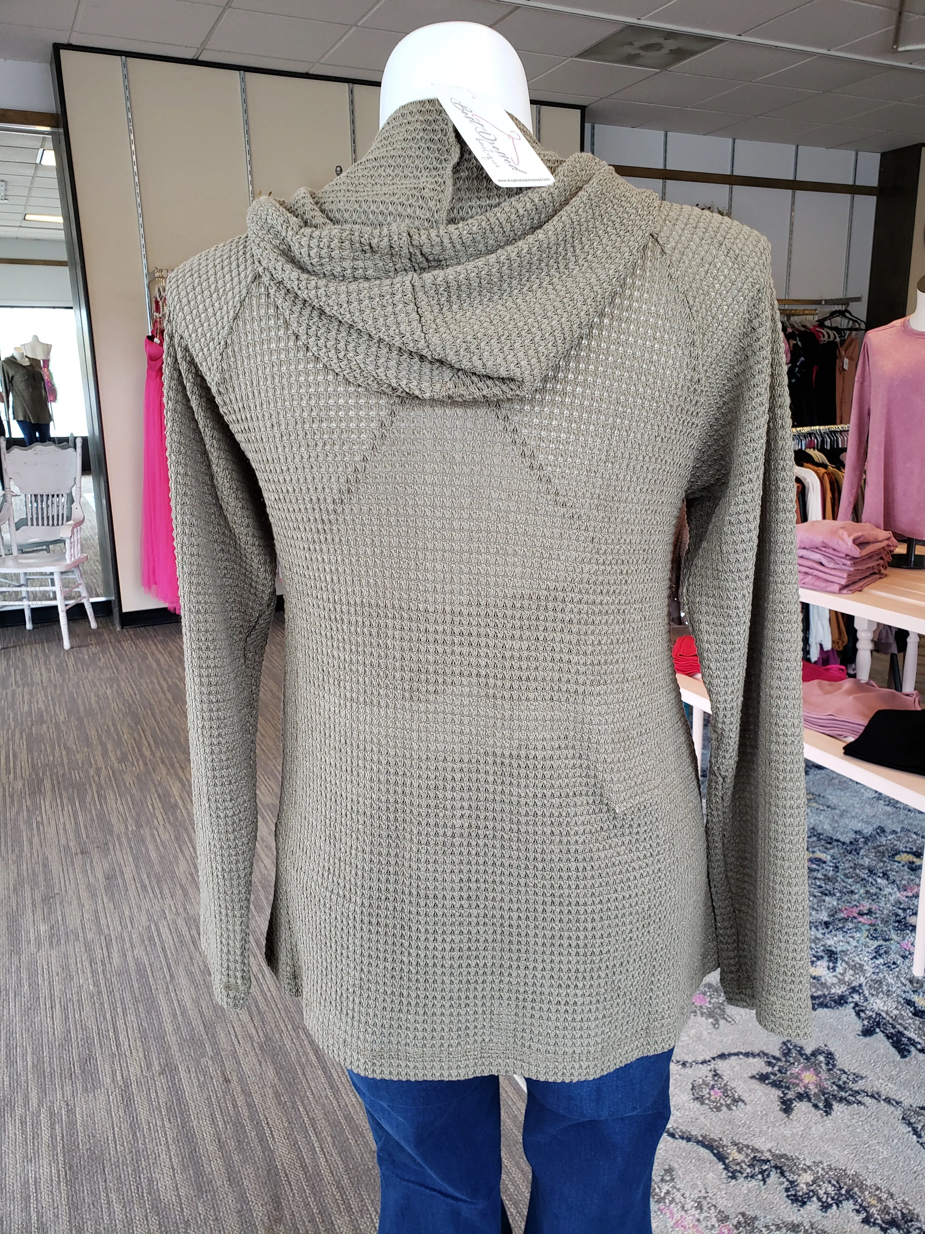 Olive Casual Hooded Waffle Button Up Top S-3XL