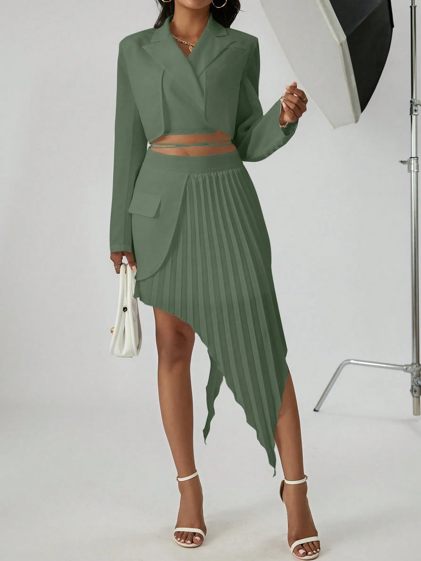 Peak Collar Crop Blazer & Asymmetrical Hem Pleated Skirt