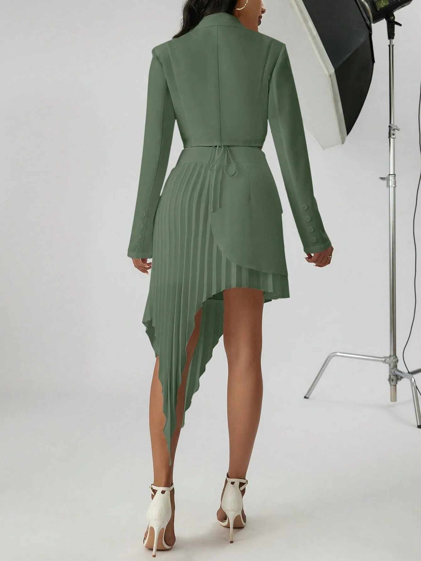 Peak Collar Crop Blazer & Asymmetrical Hem Pleated Skirt