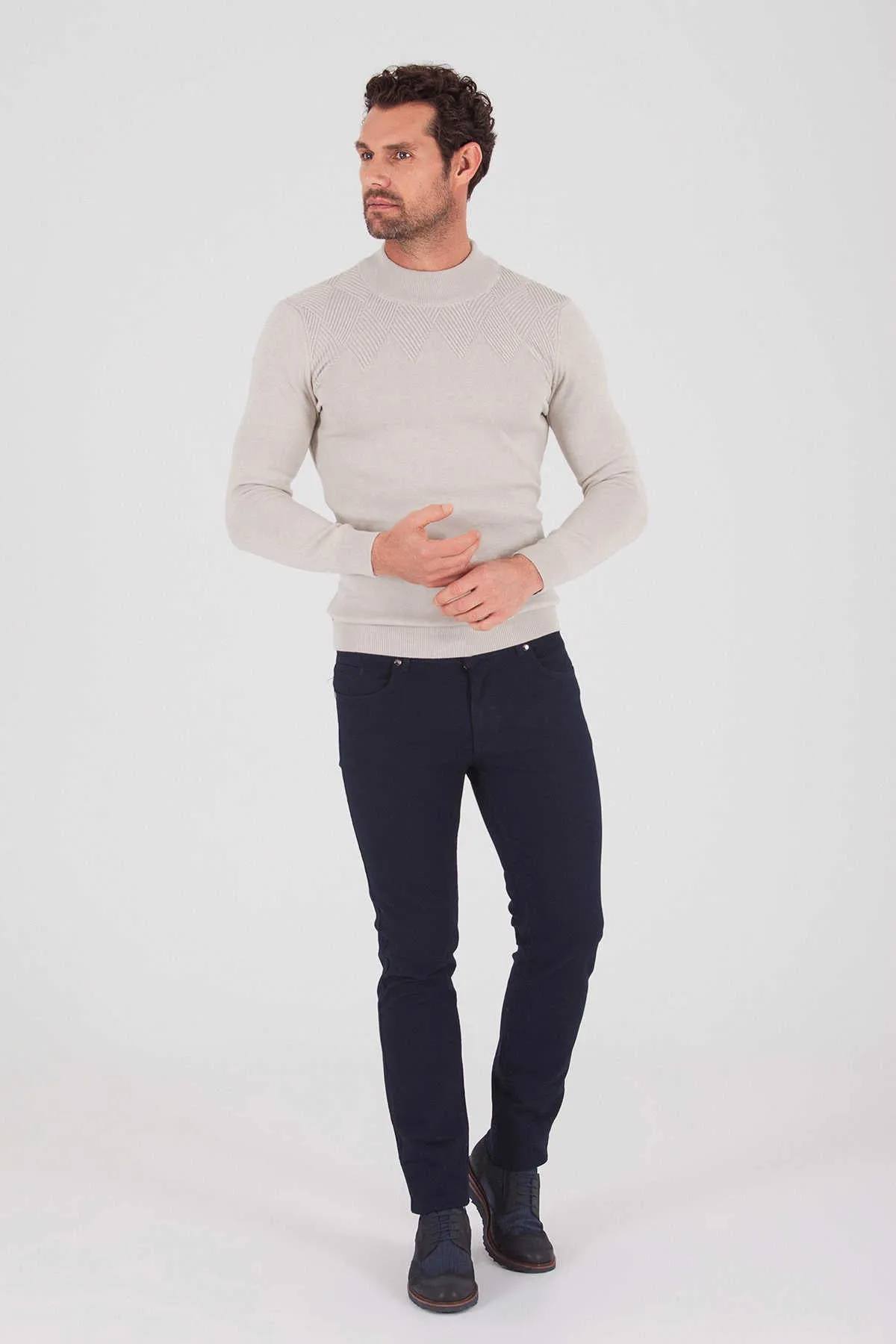 Regular Fit Plain Cotton Blend Bone Mock Neck Sweater, Bone