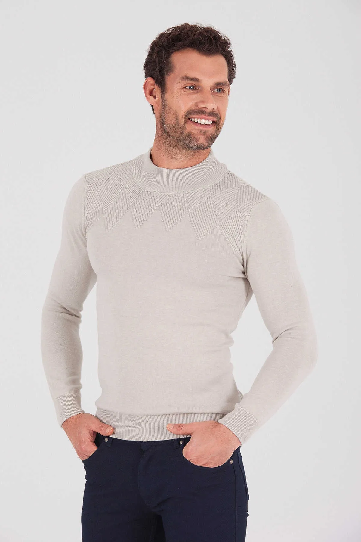 Regular Fit Plain Cotton Blend Bone Mock Neck Sweater, Bone