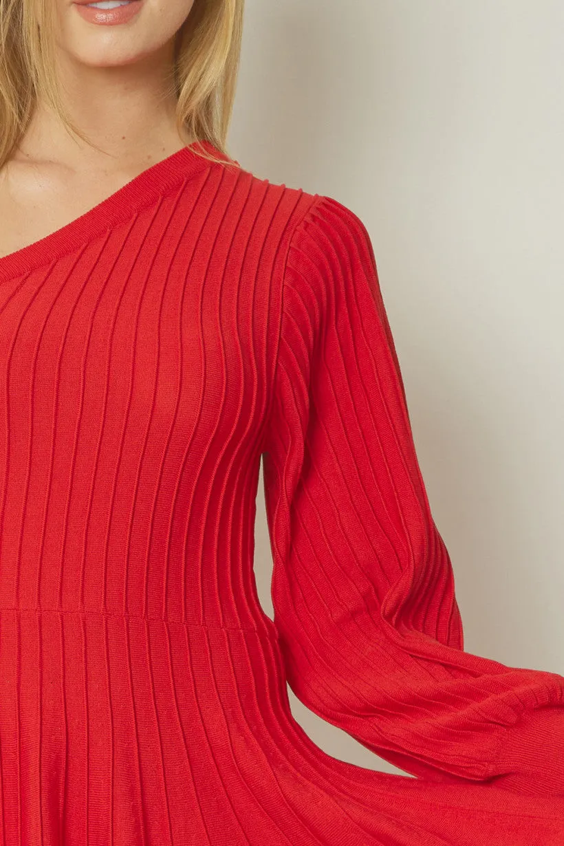 Rib Mini One Shoulder Dress- Red