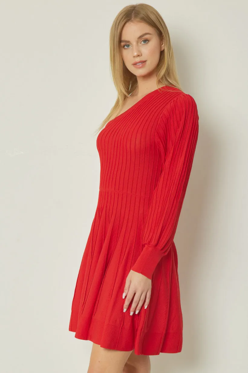 Rib Mini One Shoulder Dress- Red