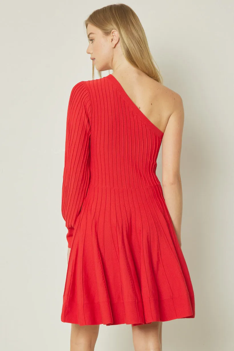 Rib Mini One Shoulder Dress- Red