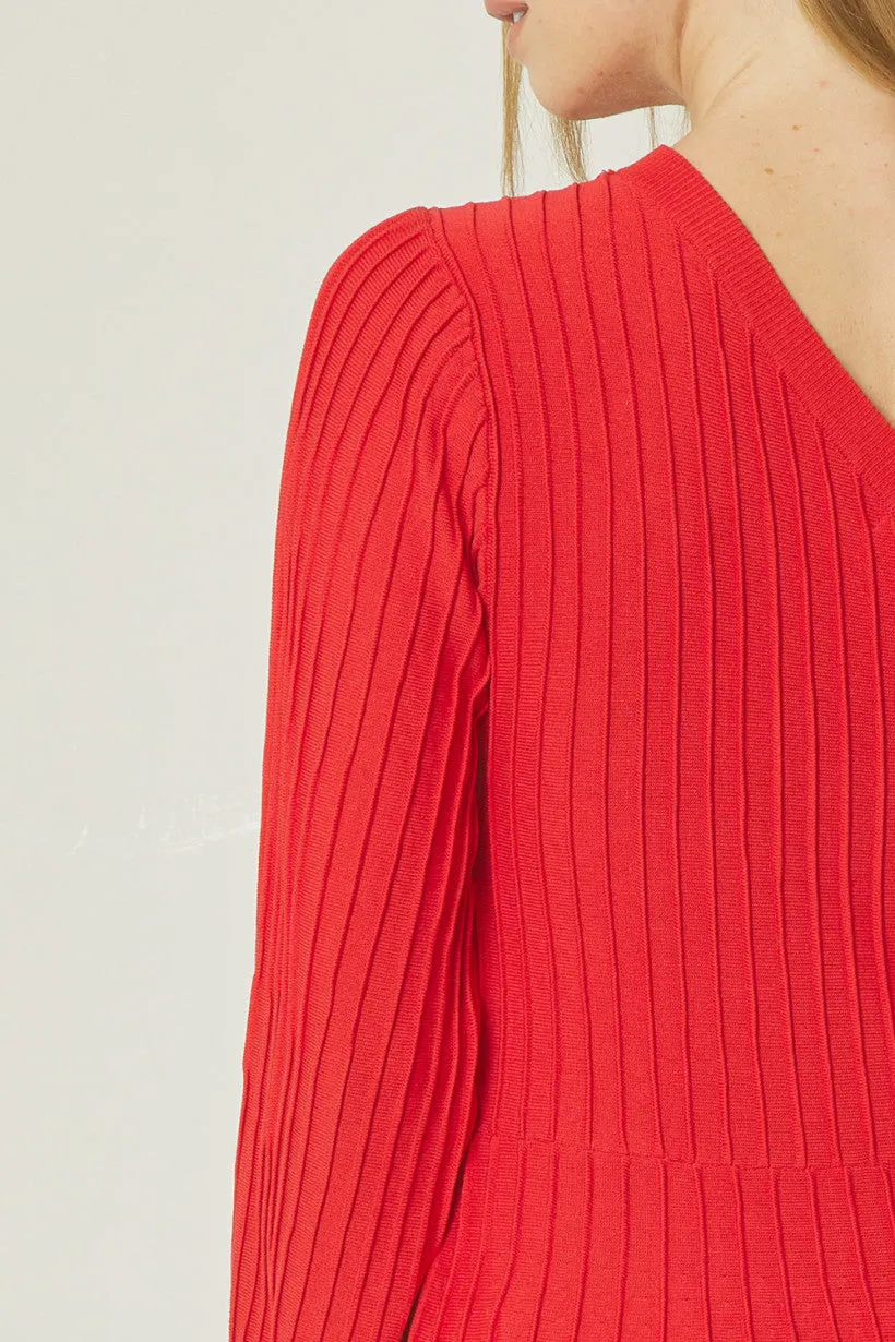 Rib Mini One Shoulder Dress- Red