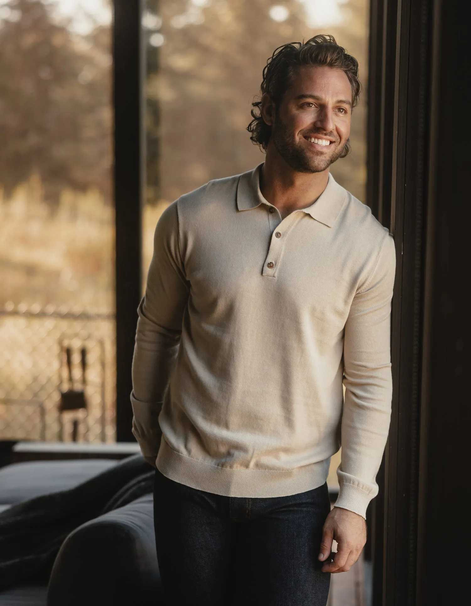 Robles Knit Long Sleeve Polo in Oatmeal
