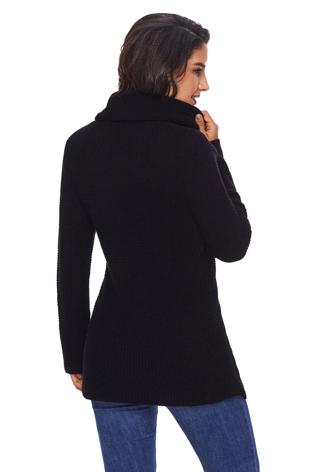 Sexy Black Buttoned Wrap Cowl Neck Sweater