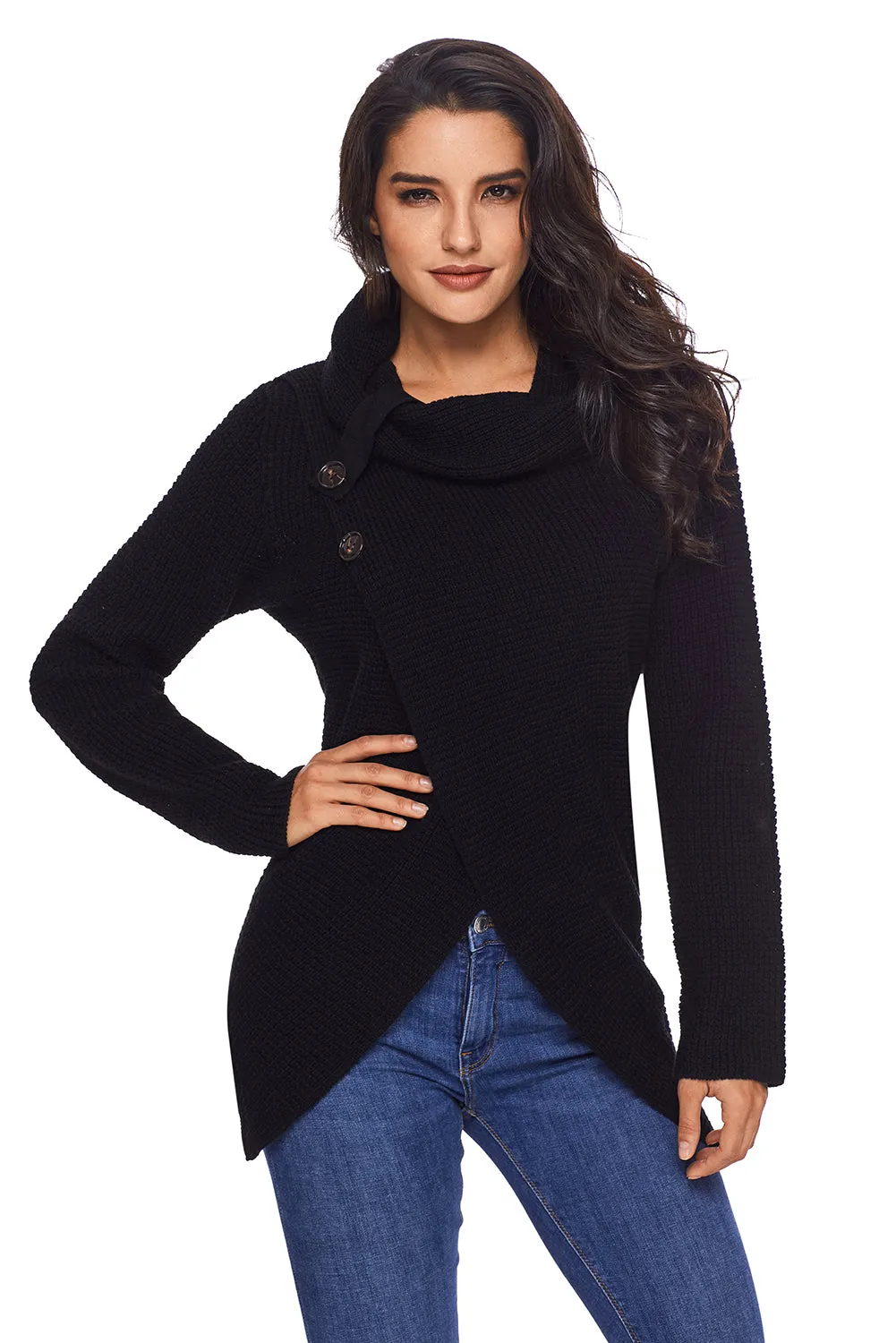 Sexy Black Buttoned Wrap Cowl Neck Sweater