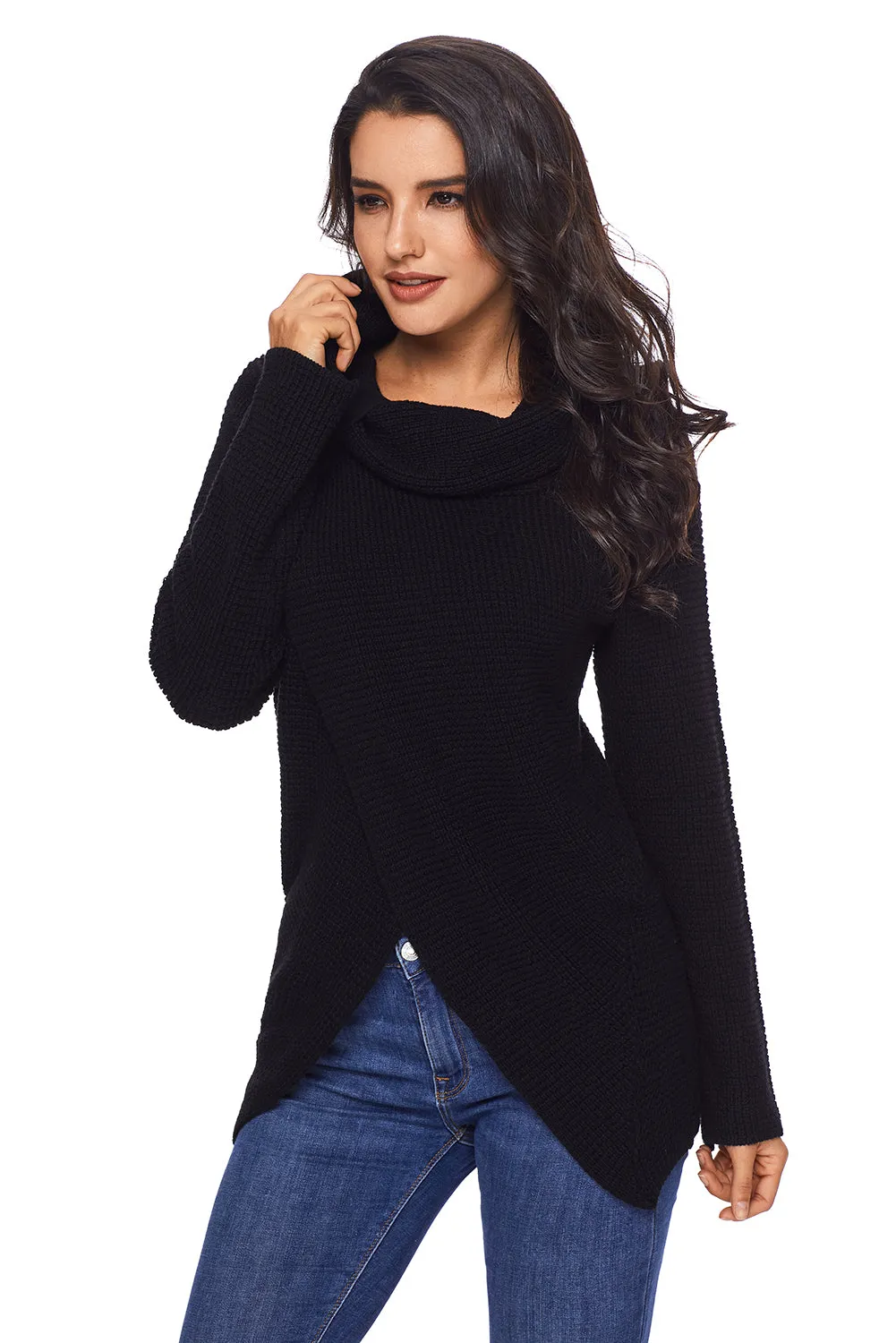 Sexy Black Buttoned Wrap Cowl Neck Sweater