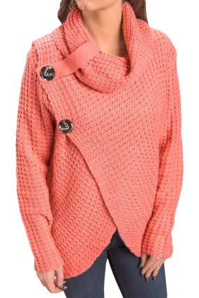 Sexy Coral Buttoned Wrap Cowl Neck Sweater