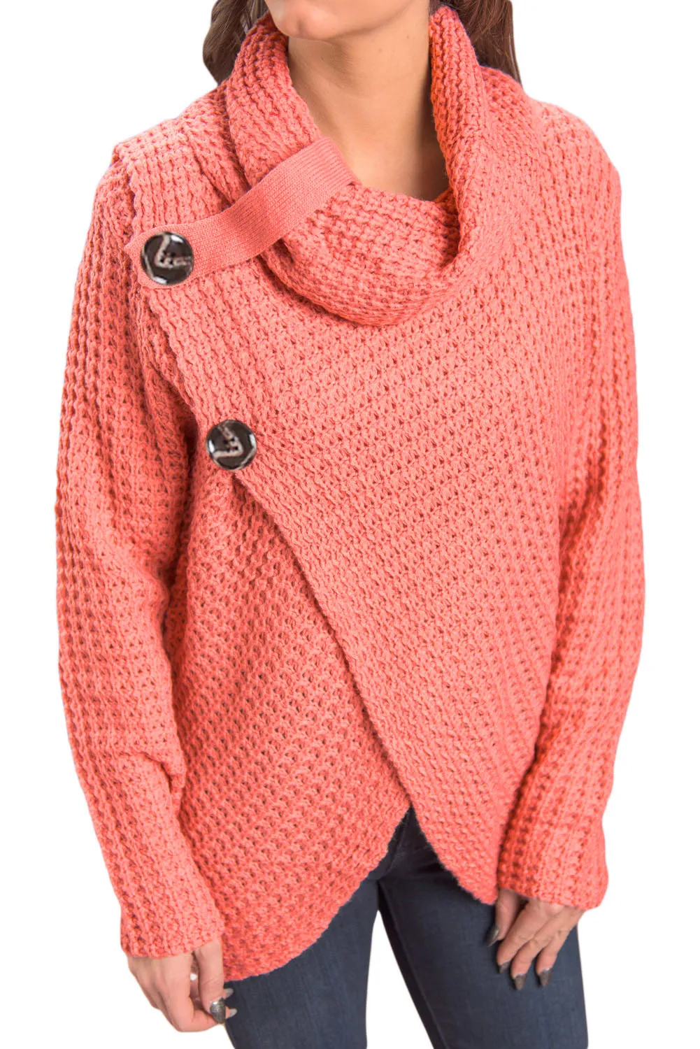 Sexy Coral Buttoned Wrap Cowl Neck Sweater