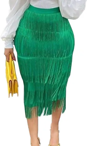 Sexy Green Fringe Midi Skirt