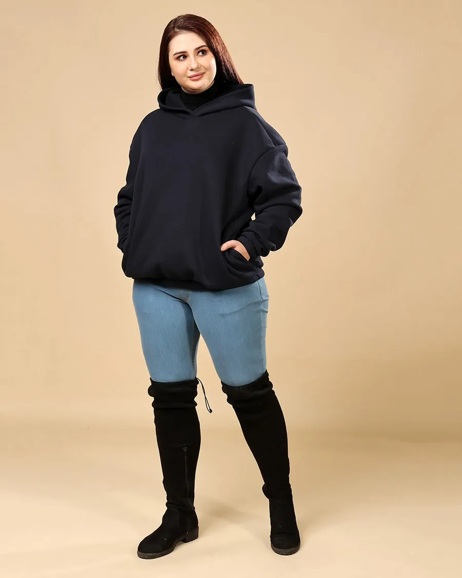 Solid Winter Hooded Sweatshirt-Navy Blue