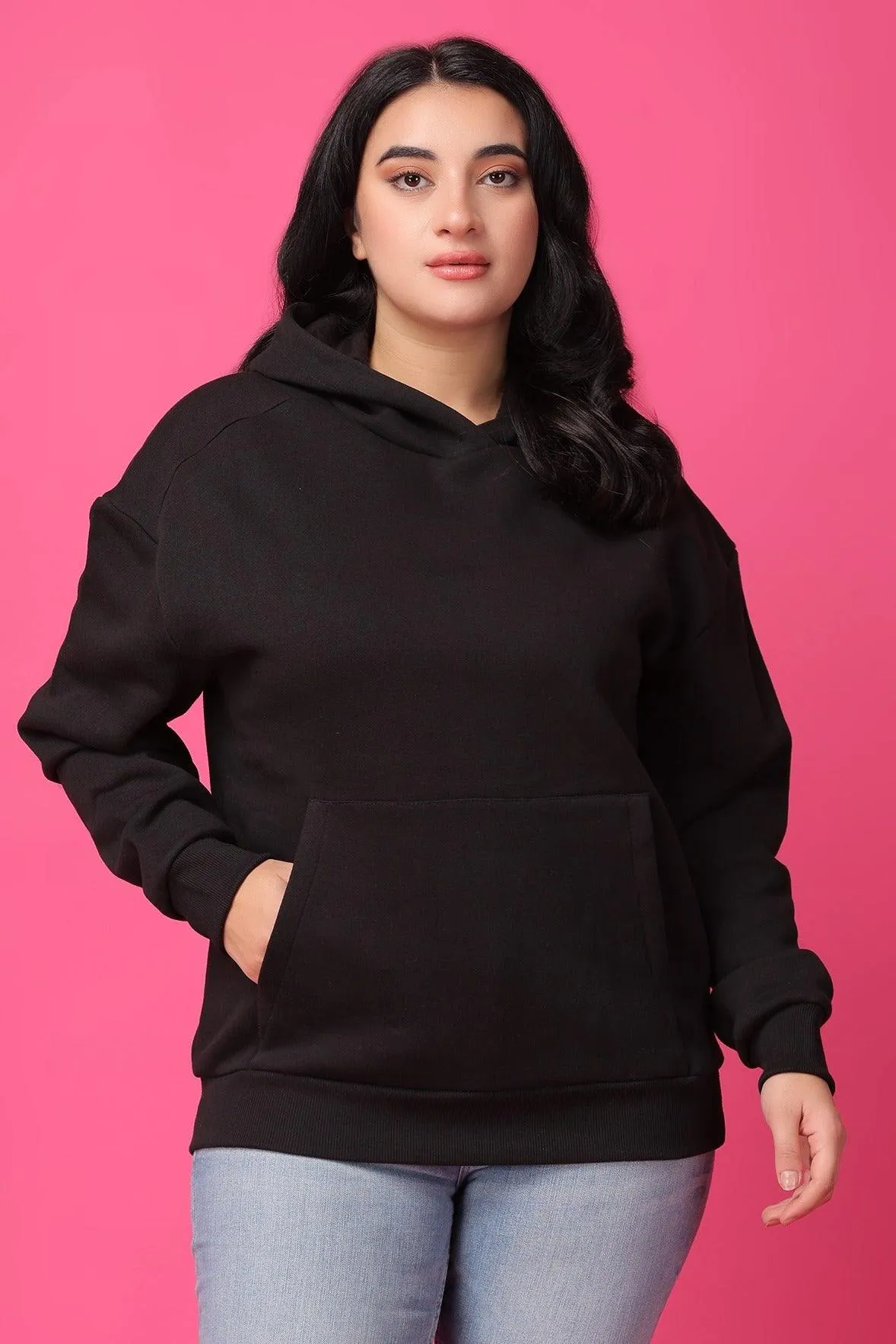 Solid Winter Sweatshirt with Hoodie-Black