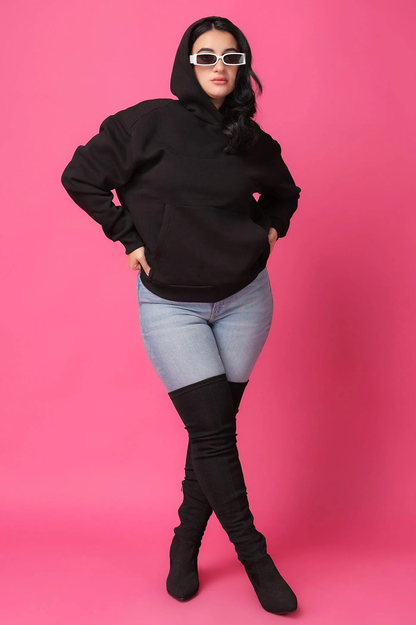 Solid Winter Sweatshirt with Hoodie-Black