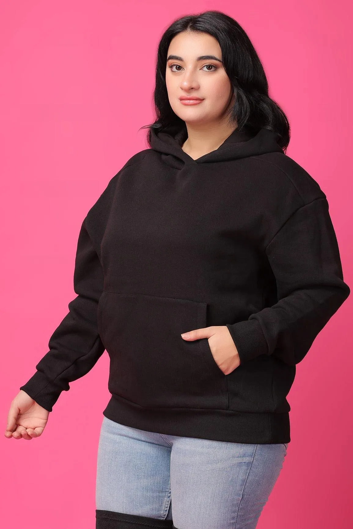 Solid Winter Sweatshirt with Hoodie-Black