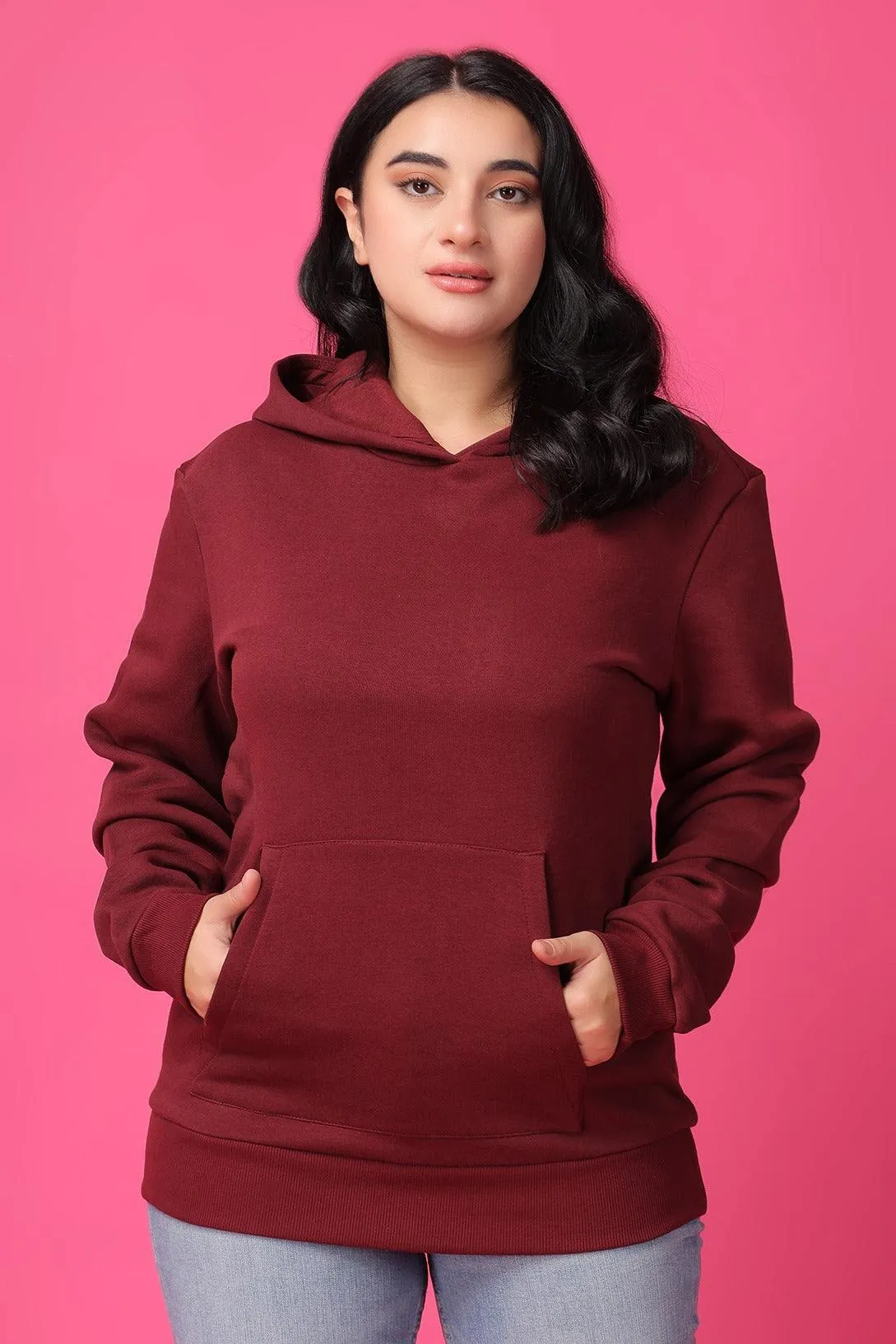 Solid Winter Sweatshirt with Hoodie-Maroon
