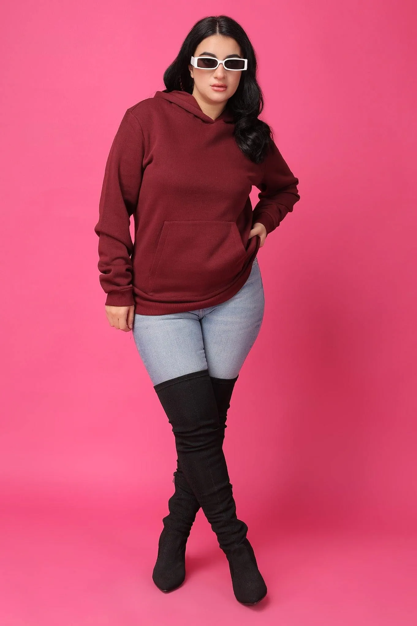 Solid Winter Sweatshirt with Hoodie-Maroon