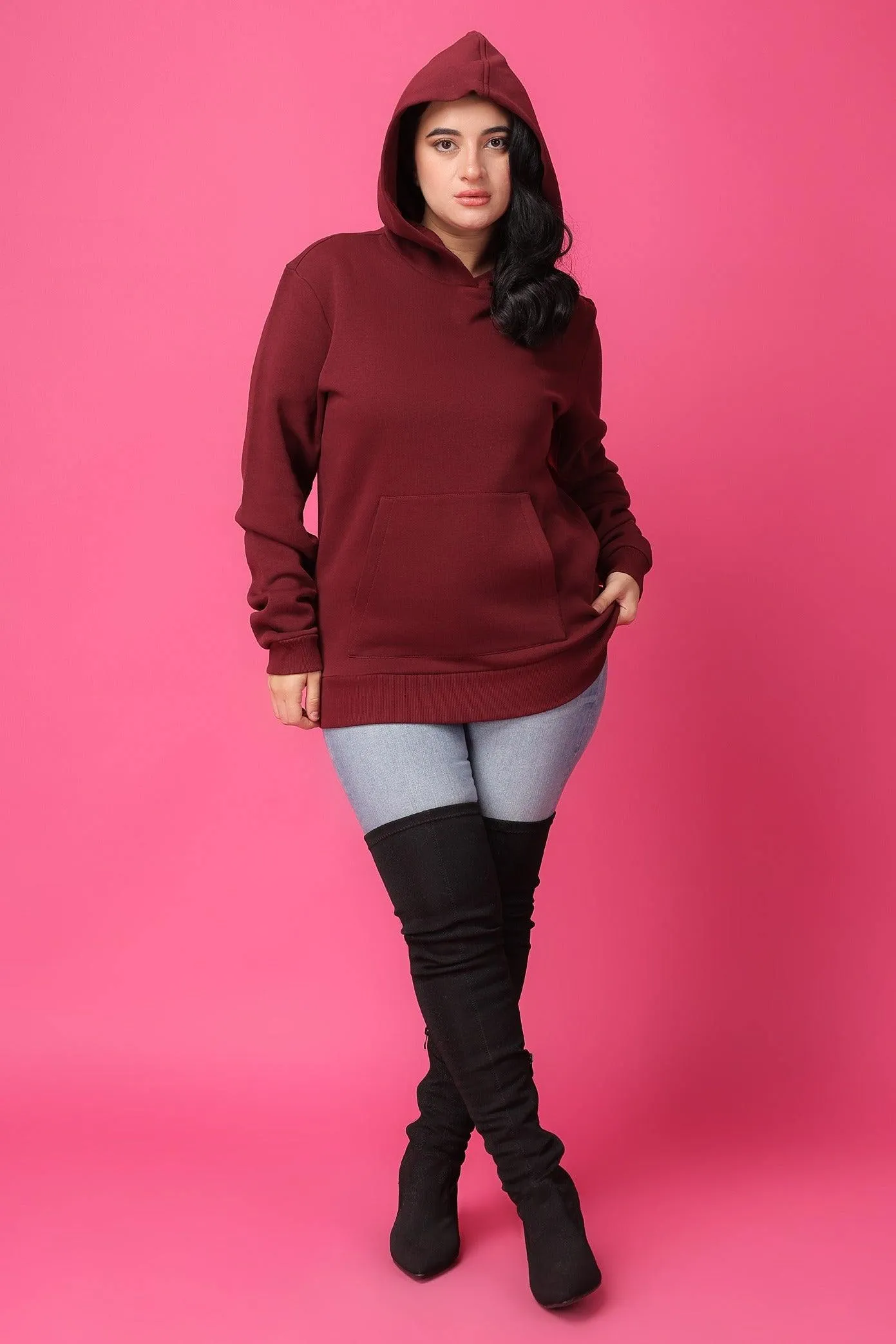 Solid Winter Sweatshirt with Hoodie-Maroon