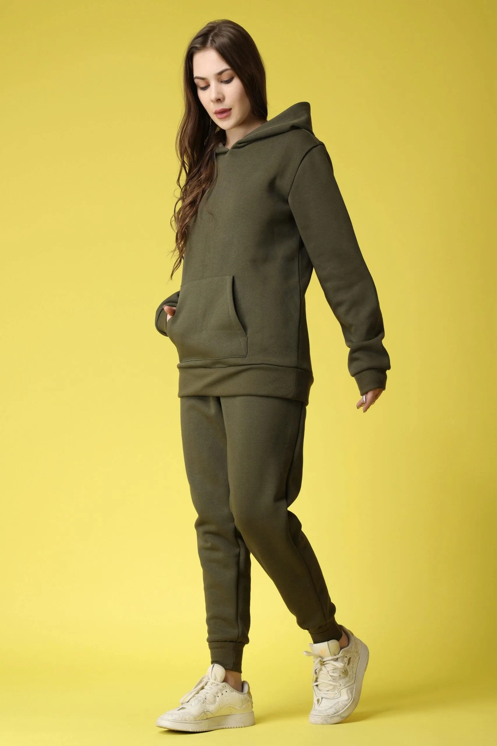 Solid Winter Sweatshirt with Hoodie-Olive Green