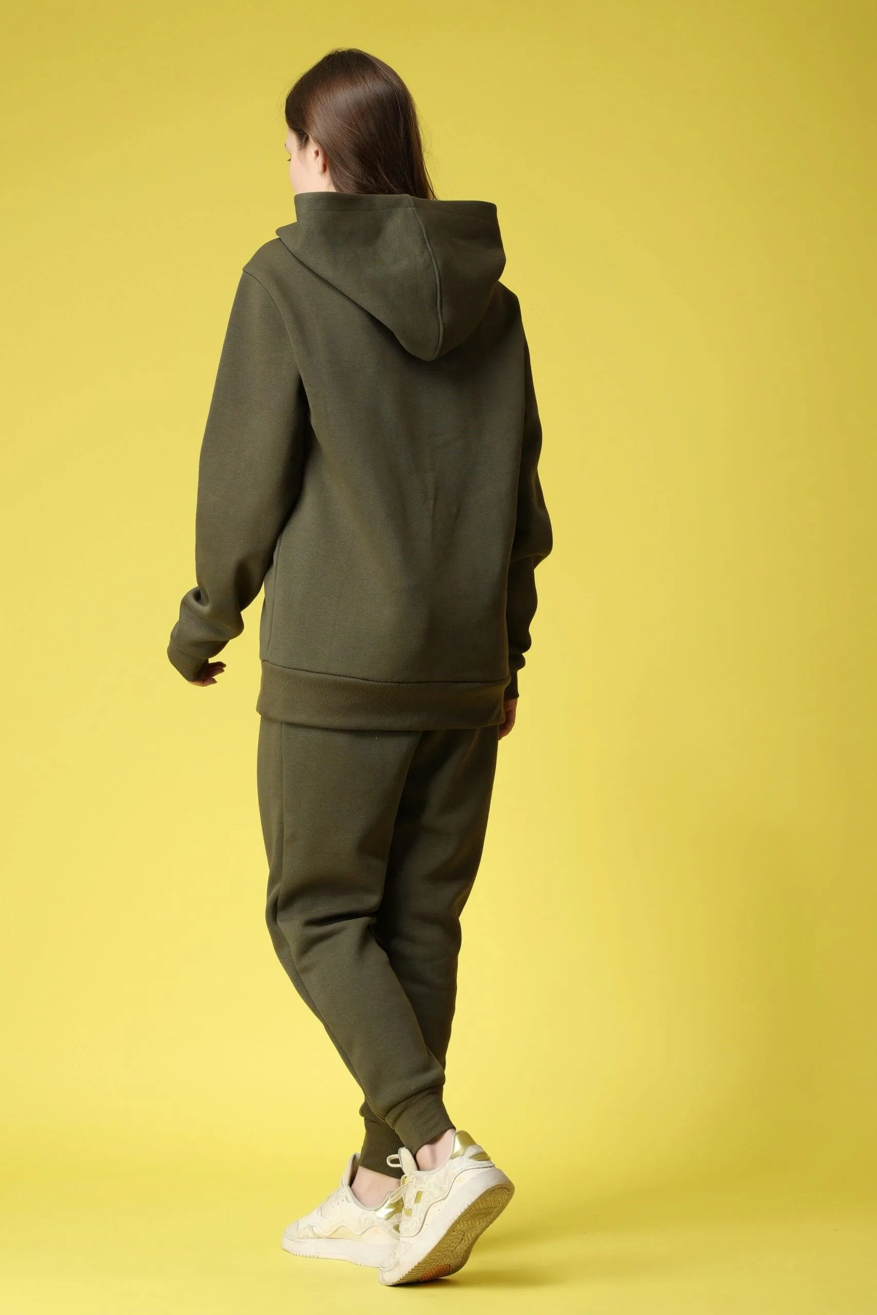 Solid Winter Sweatshirt with Hoodie-Olive Green