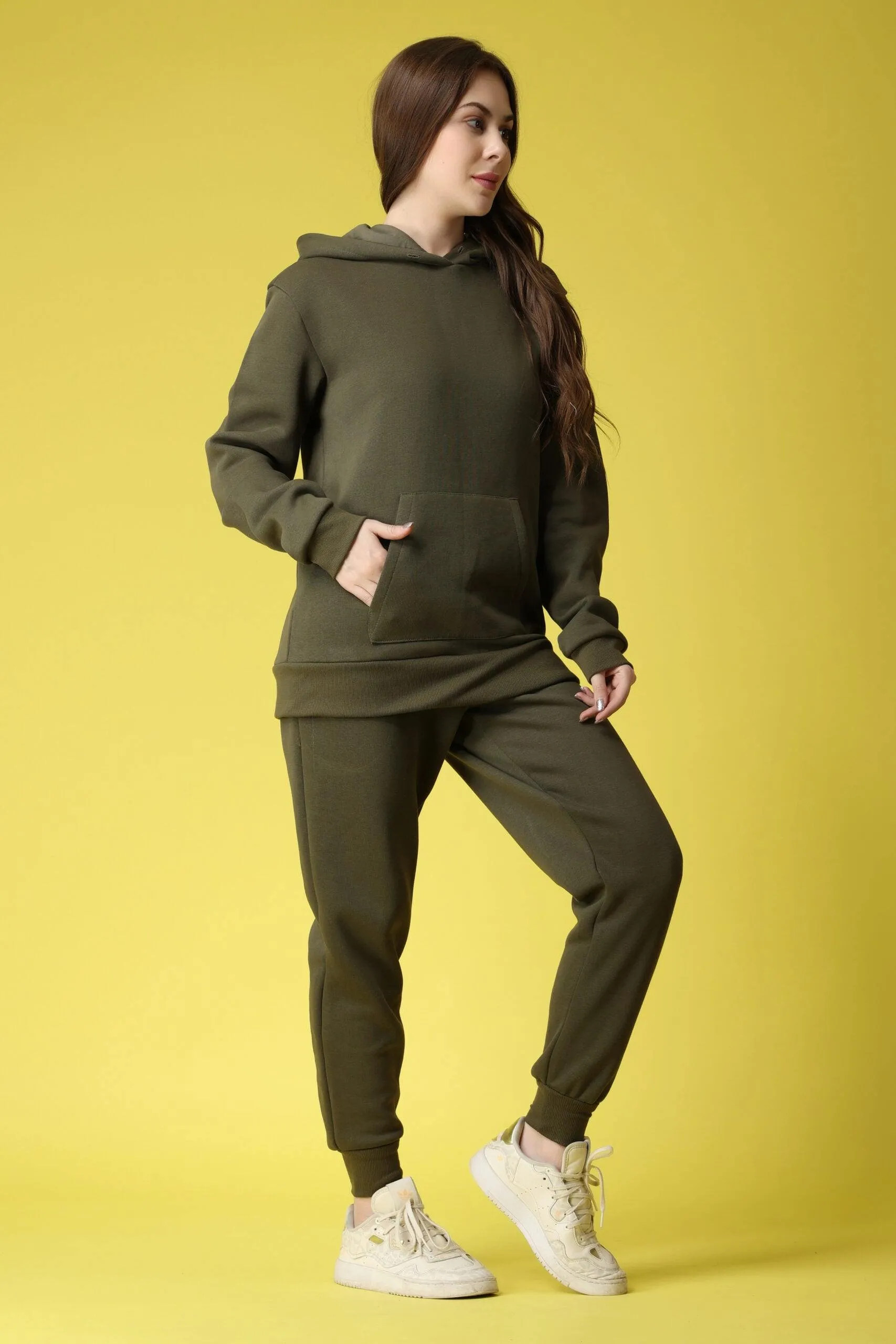 Solid Winter Sweatshirt with Hoodie-Olive Green