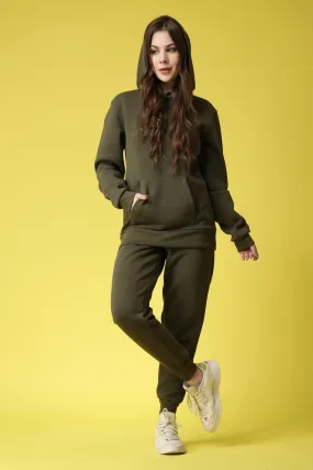 Solid Winter Sweatshirt with Hoodie-Olive Green