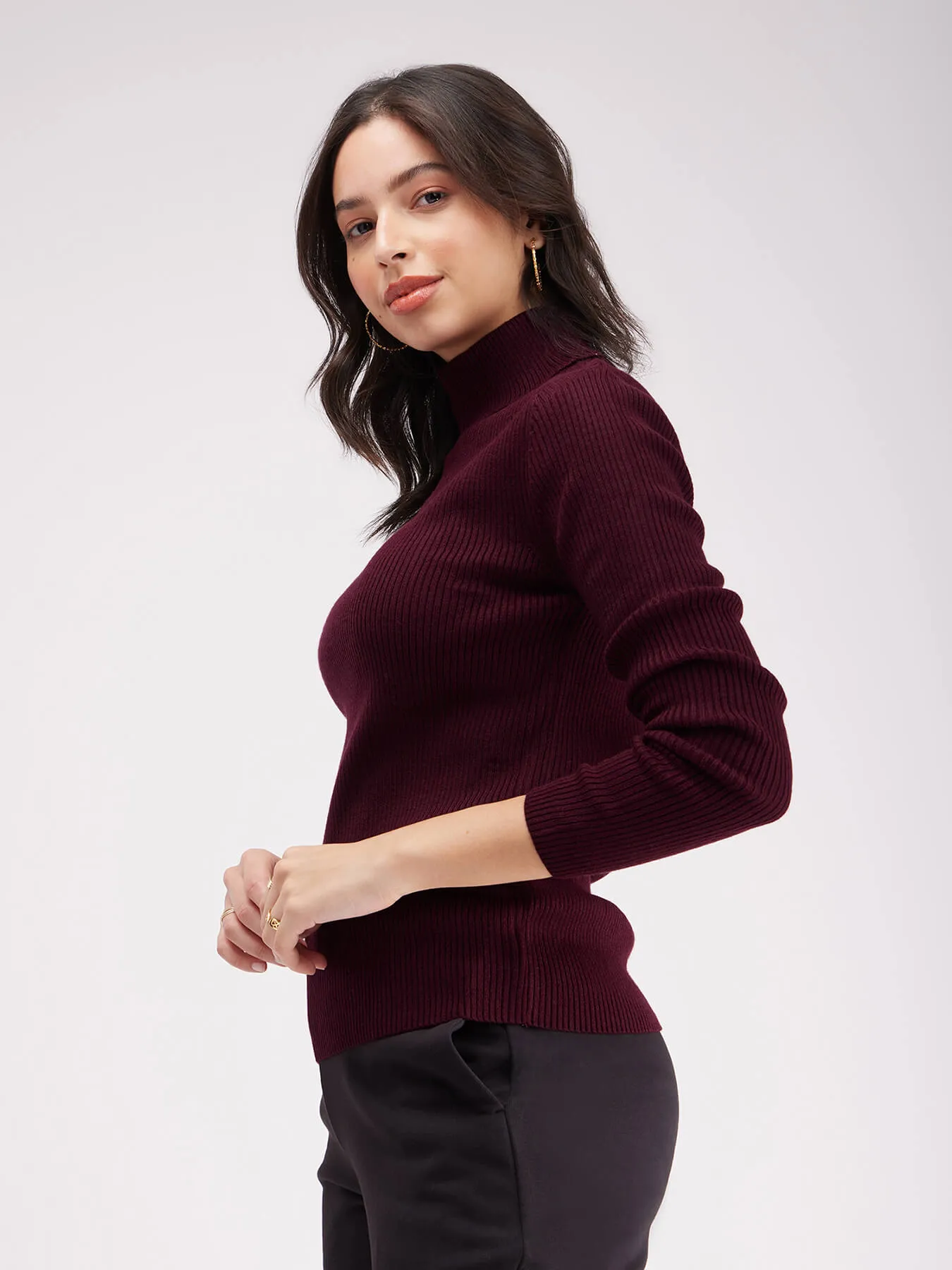 Turtle Neck Ribbed Sweater - Wine