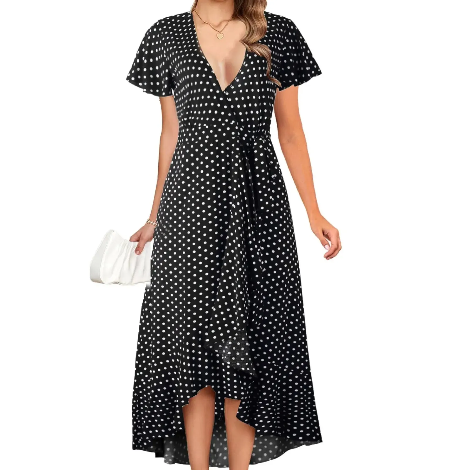 V-neck High-waisted Chiffon Printing Split Ruched Club Evening Spring/Summer Midi Sexy Dress