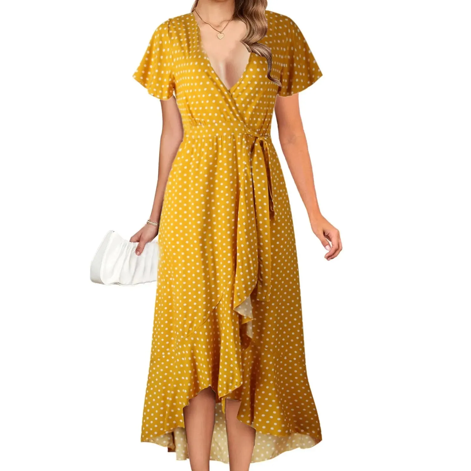 V-neck High-waisted Chiffon Printing Split Ruched Club Evening Spring/Summer Midi Sexy Dress