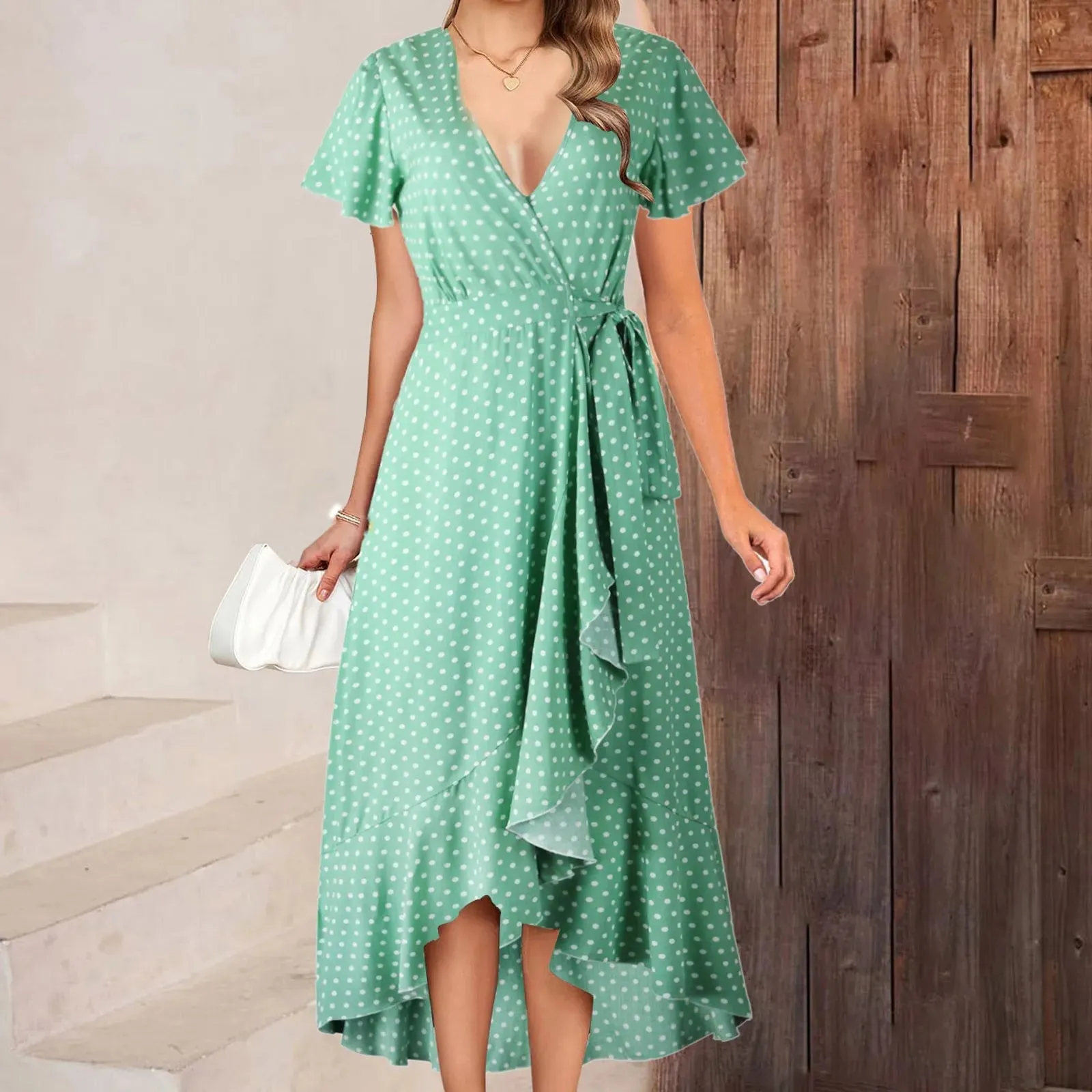 V-neck High-waisted Chiffon Printing Split Ruched Club Evening Spring/Summer Midi Sexy Dress