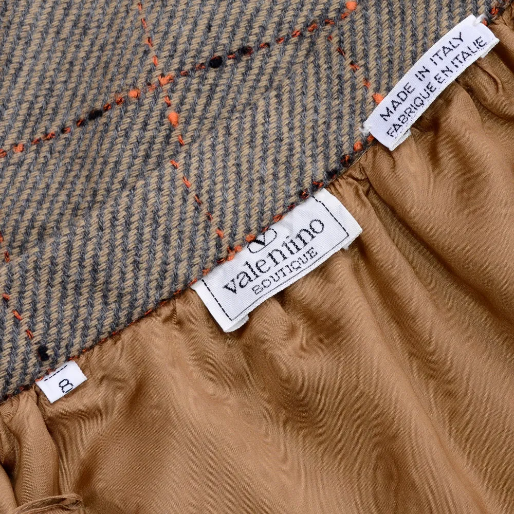 Valentino Vintage Windowpane Tweed Brown Wool Skirt Size 8