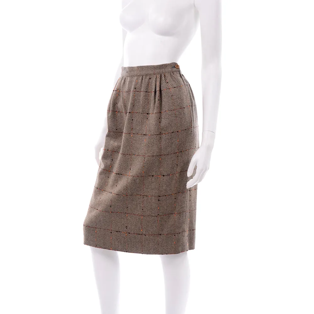 Valentino Vintage Windowpane Tweed Brown Wool Skirt Size 8
