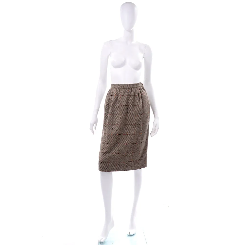 Valentino Vintage Windowpane Tweed Brown Wool Skirt Size 8