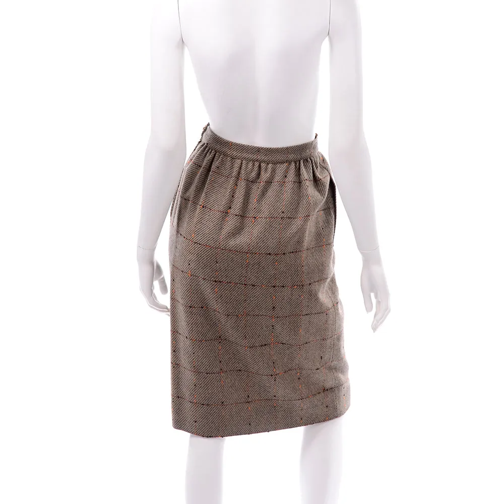Valentino Vintage Windowpane Tweed Brown Wool Skirt Size 8