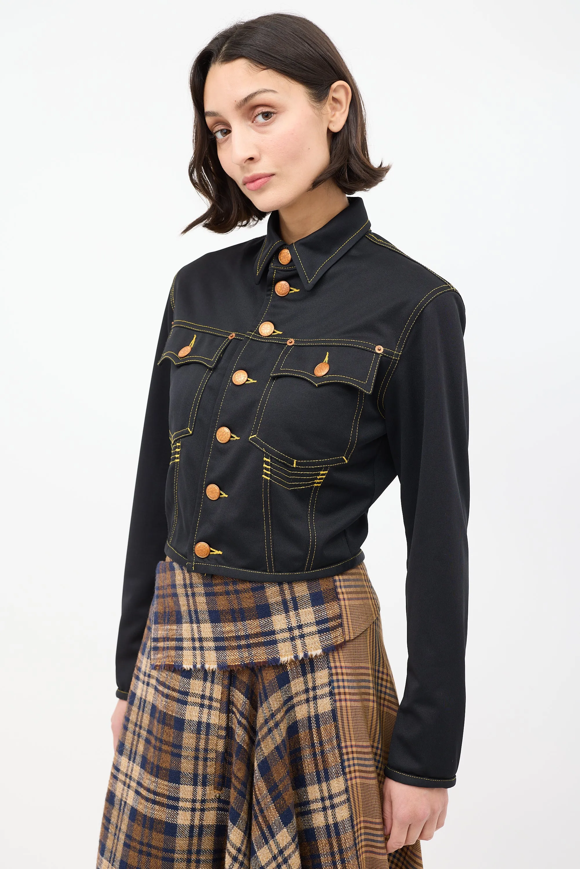 Vintage Black Contrast Stitch Cropped Jacket