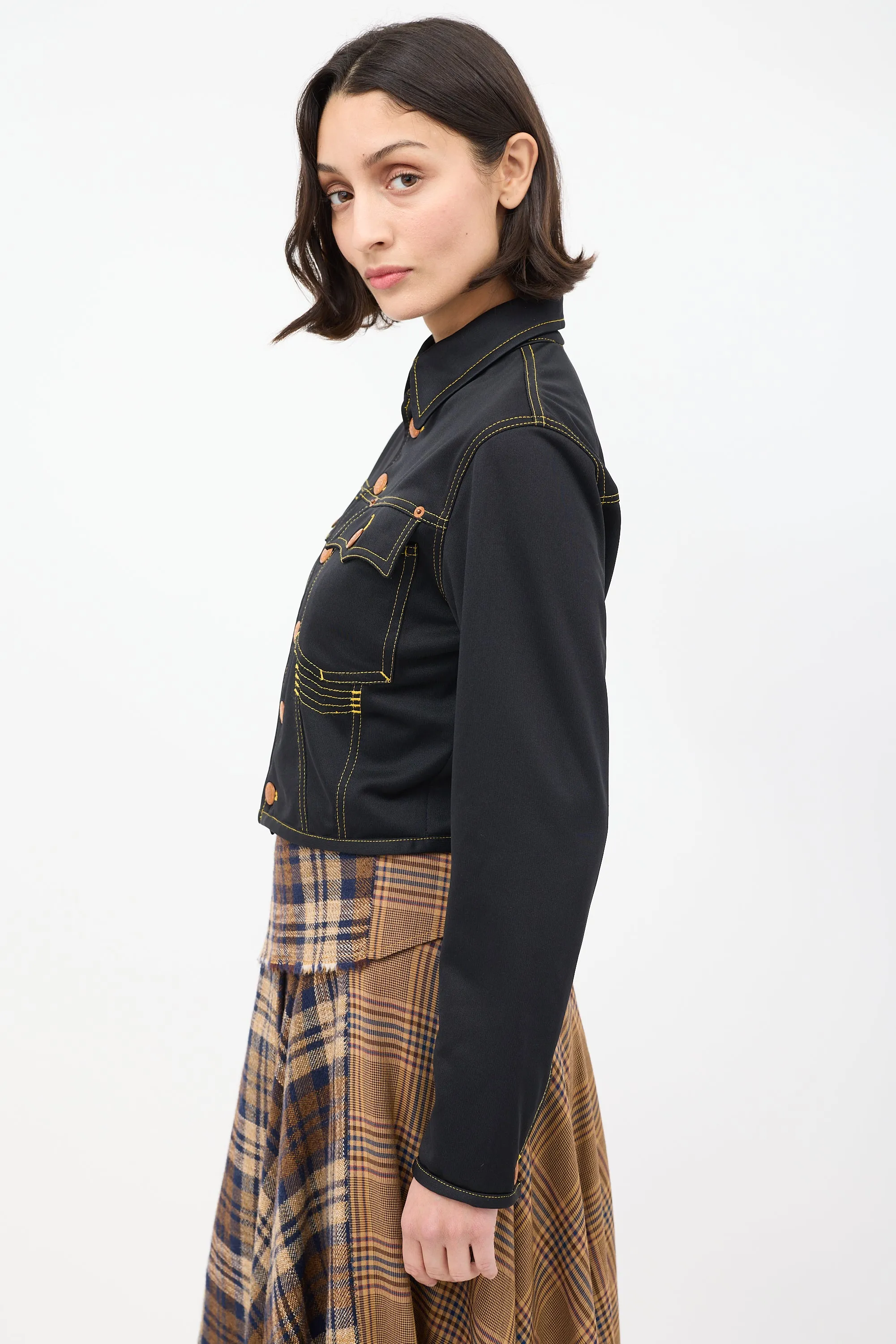 Vintage Black Contrast Stitch Cropped Jacket