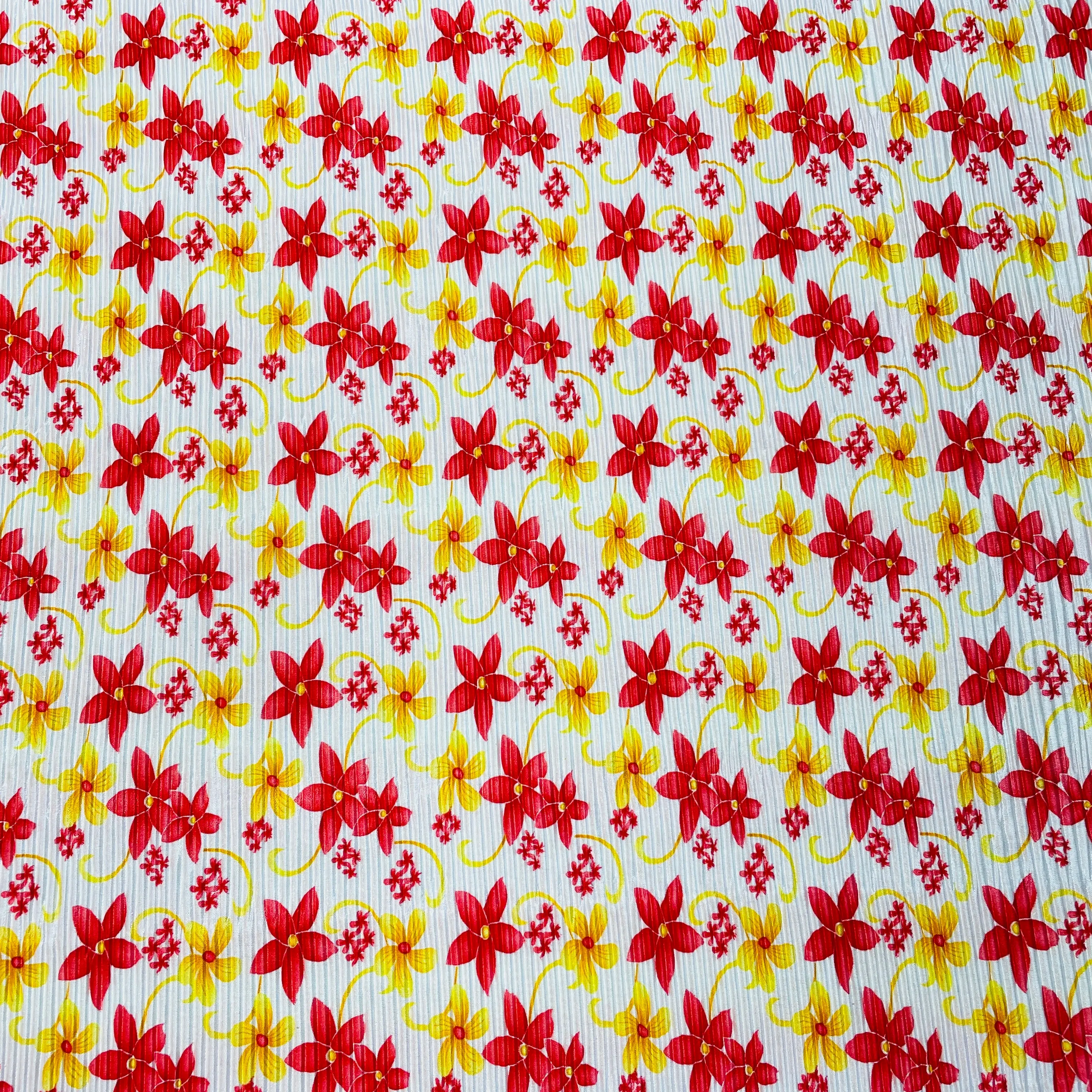 White With Red Yellow Floral Pleated Knitted Satin Fabric