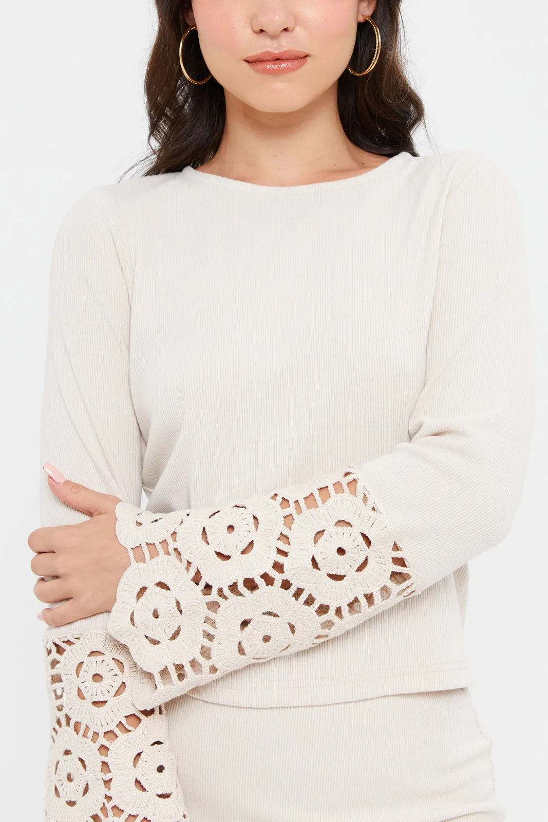 Women Beige Crochet Sleeve Top