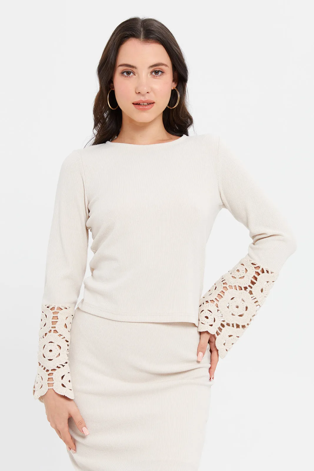Women Beige Crochet Sleeve Top