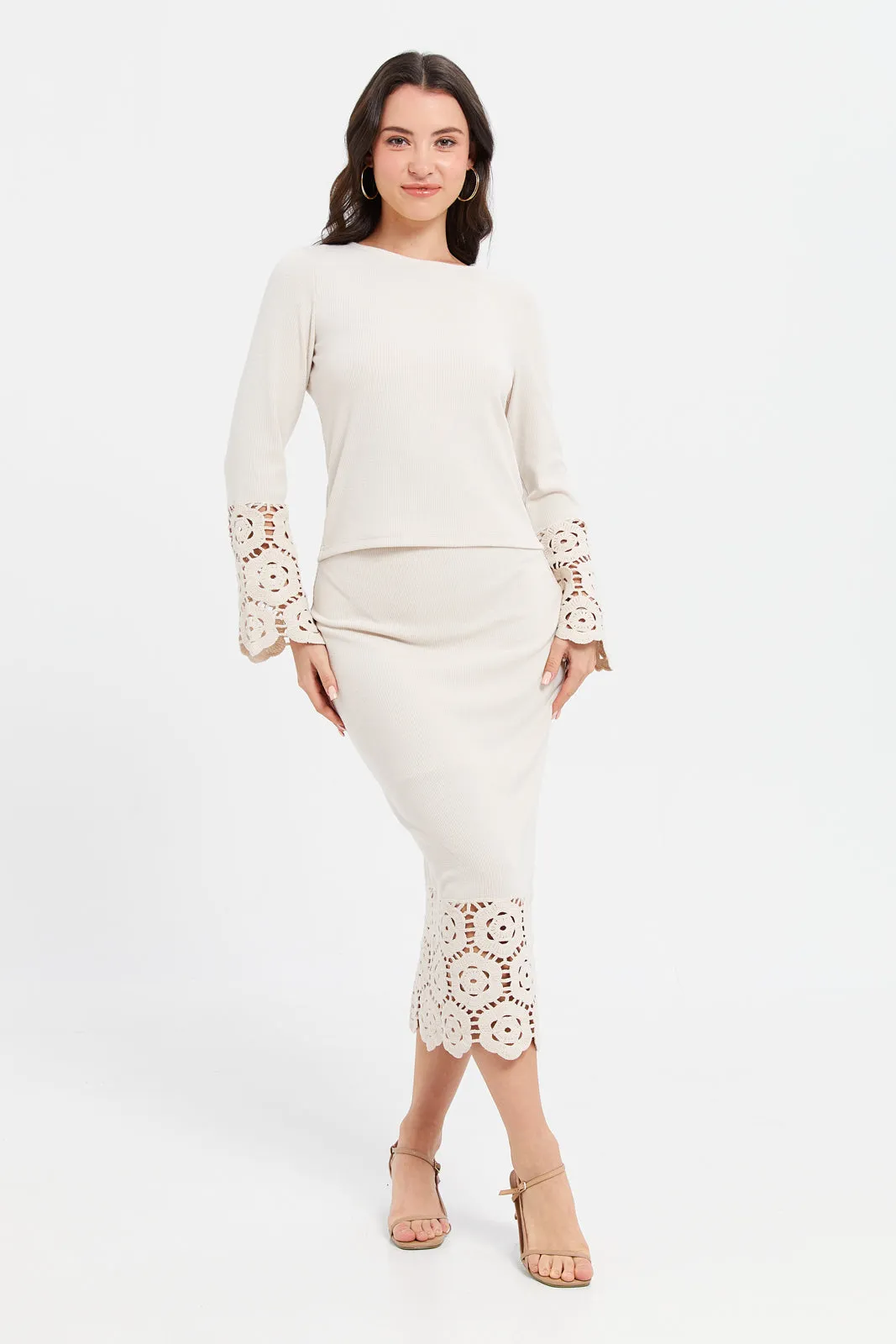 Women Beige Crochet Sleeve Top