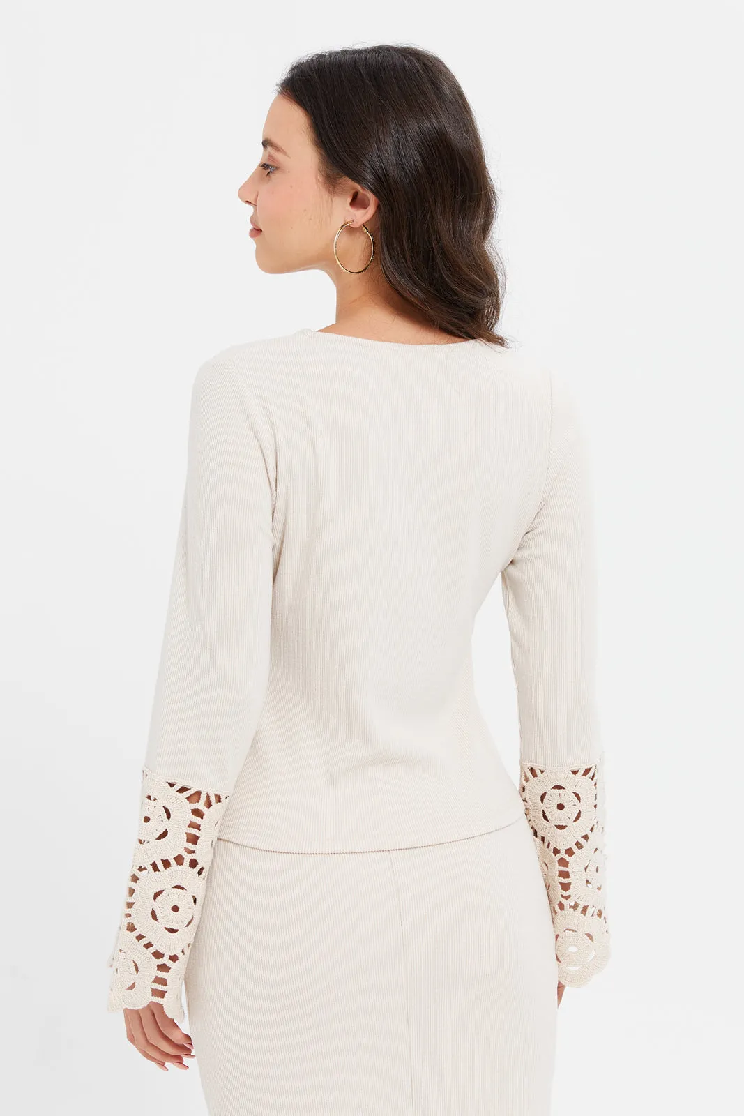 Women Beige Crochet Sleeve Top