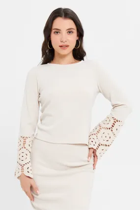 Women Beige Crochet Sleeve Top