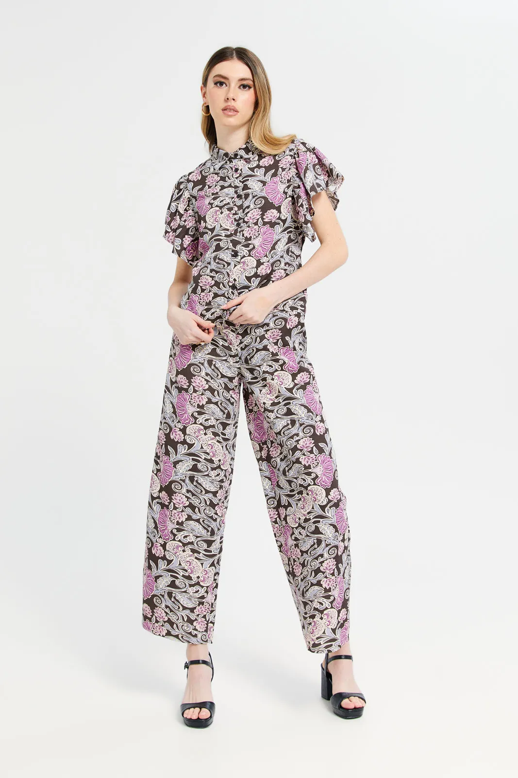 Women Brown And Lilac Printed Pants