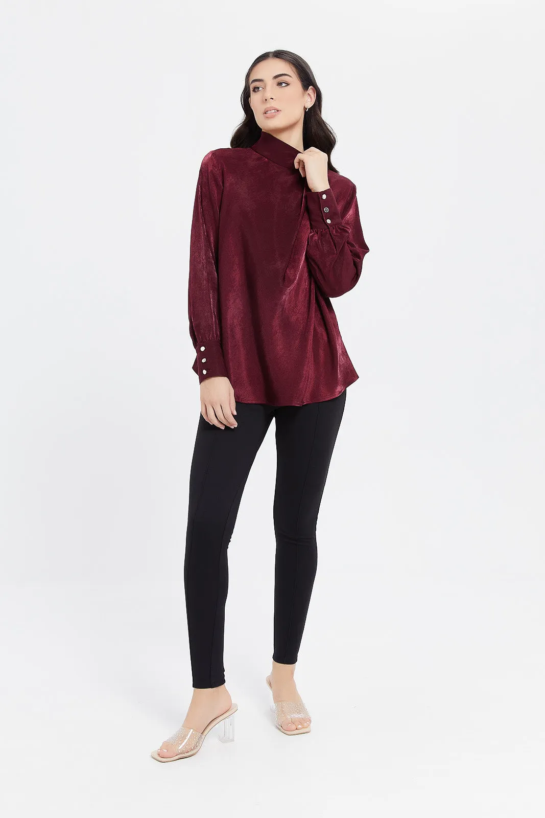 Women Burgundy High Neck Suede Blouse