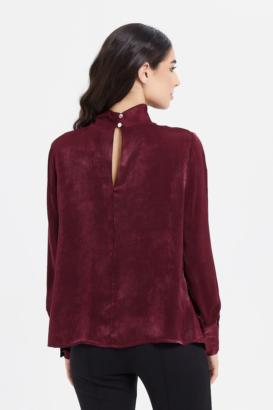 Women Burgundy High Neck Suede Blouse